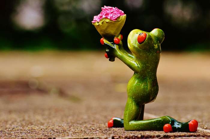 Frog figurine kneeling with a bouquet of roses