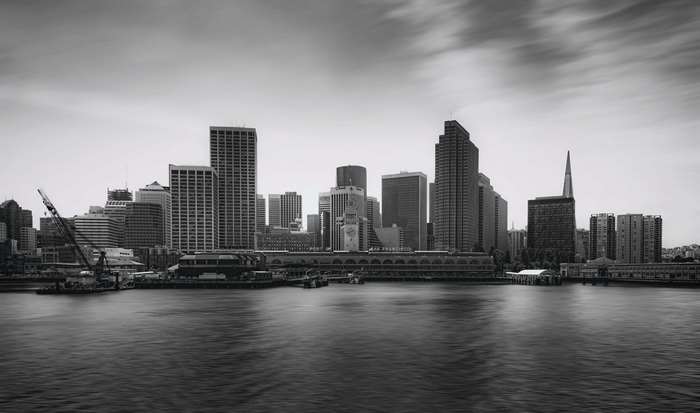 Black and white cityscape of San Francisco waterfront