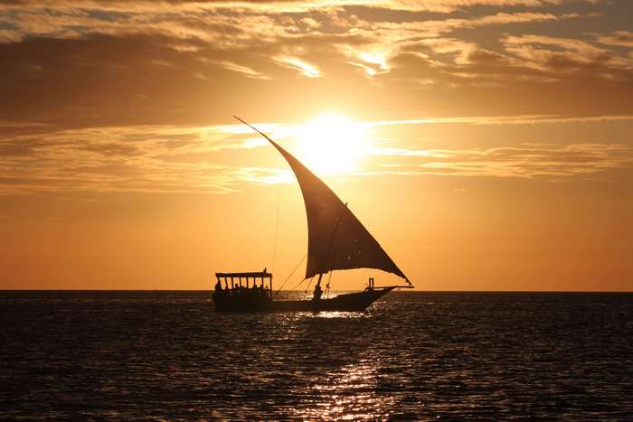 Sailboat on the ocean at sunset