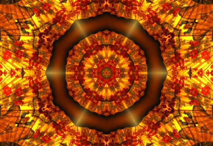 Abstract kaleidoscope pattern with red and yellow floral elements