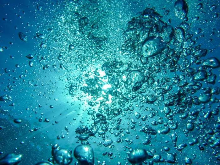 Underwater bubbles rising towards sunlight