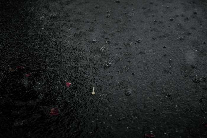 Raindrops on dark asphalt