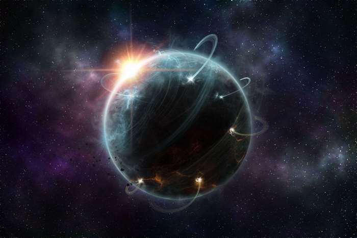 Planet with rings and debris in space 4K