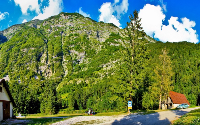 Mountain landscape with houses and trees