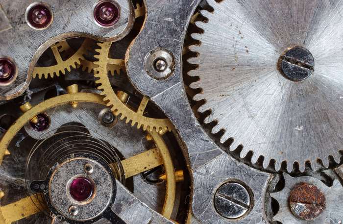 Close-up of intricate clockwork gears and mechanisms