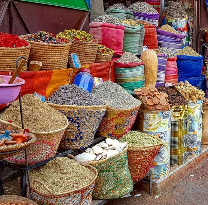 Moroccan spice market with colorful displays