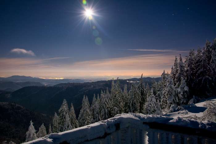 Black Forest at night with full moon and snow