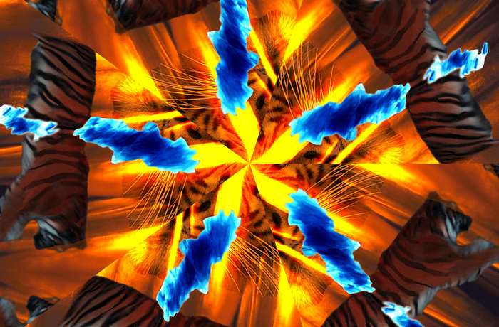 Abstract tiger stripes and blue flames kaleidoscope