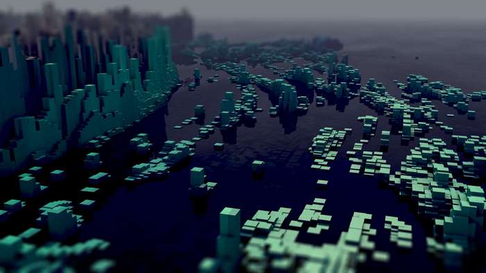 Abstract blue cubes in foggy water