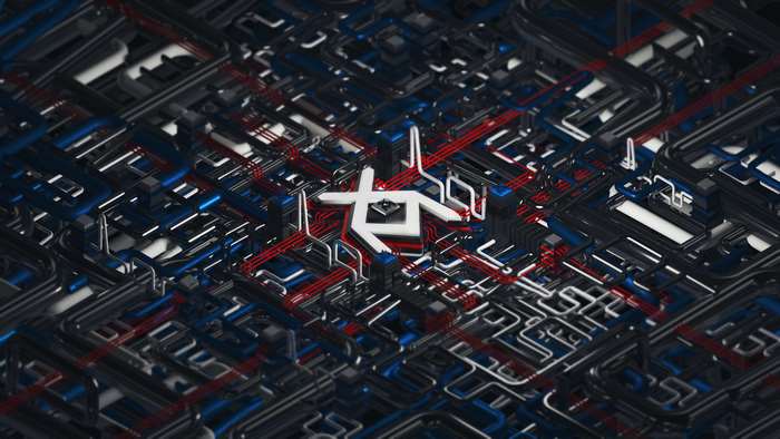 Abstract circuit board with red and blue lines