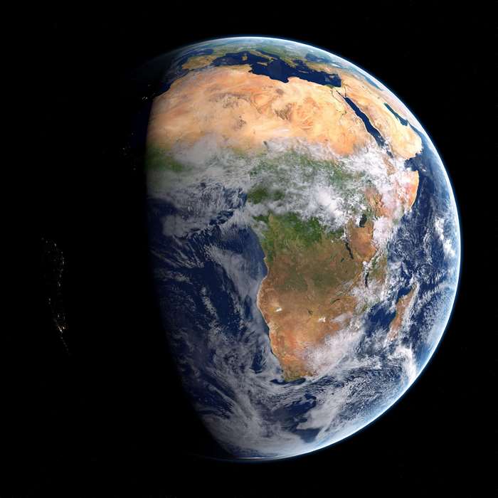 Earth from space showing Africa and the terminator line