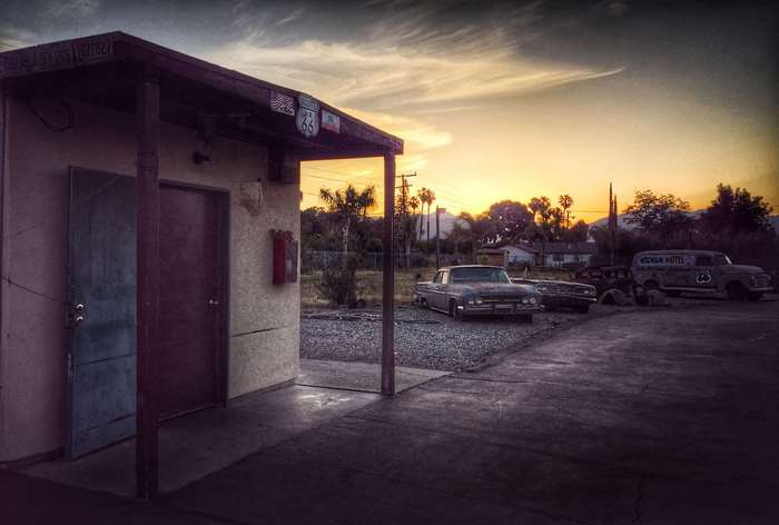 Vintage motel on Route 66 at sunset