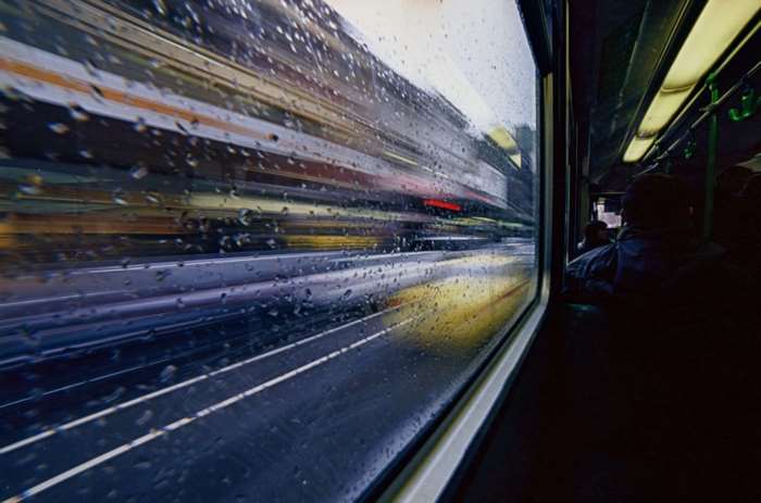 View from a bus window in Melbourne during rain