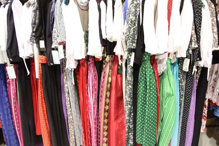Traditional German dresses on display in a shop
