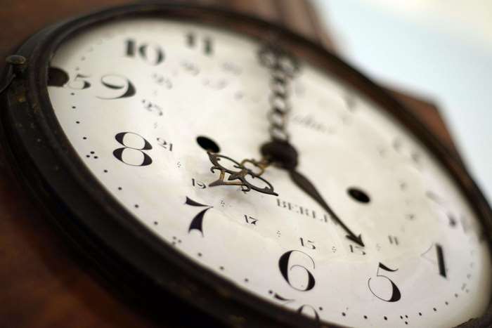 Close-up of an antique clock face with Roman numerals