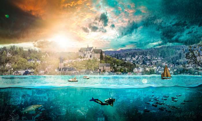 Fantasy city with underwater scene and diver 4K