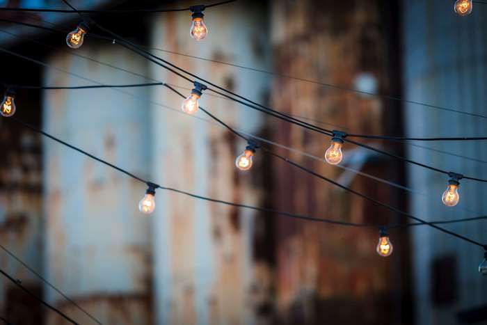 String lights with illuminated bulbs on wires