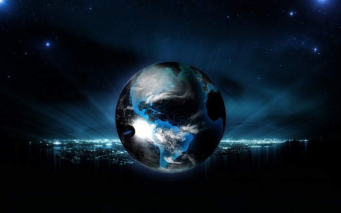 Earth globe with city lights and starry sky