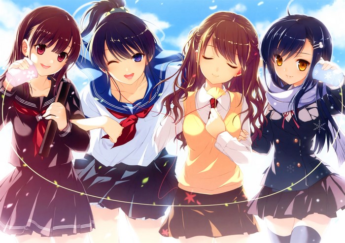 Four anime schoolgirls in uniform with drinks