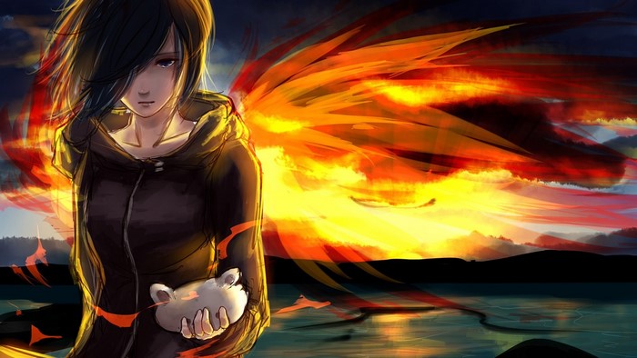 Touka Kirishima from Tokyo Ghoul with fiery wings