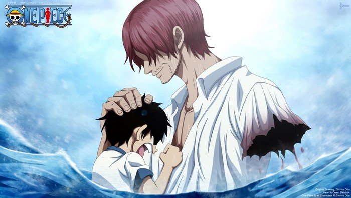Shanks and Monkey D. Luffy from One Piece in the water