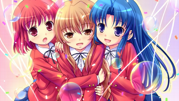 Three anime girls hugging