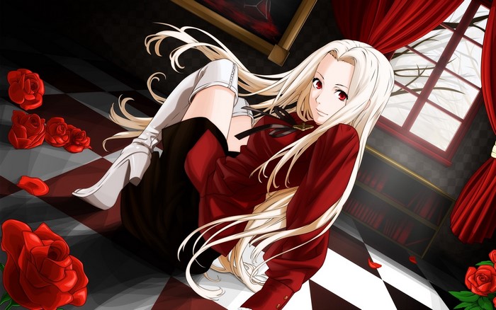 Anime girl with blonde hair and red dress