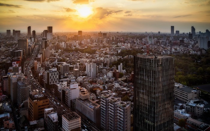 Cityscape with skyscrapers at sunset