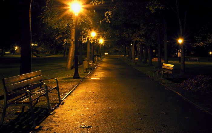 Park pathway at night with benches and lampposts