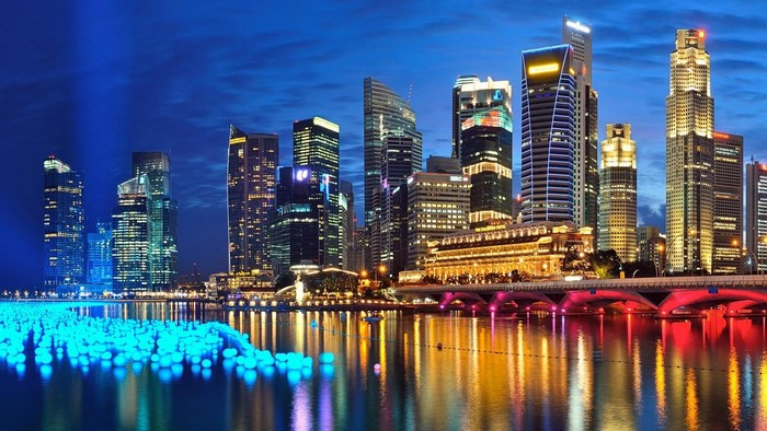 Singapore Skyline at Night with Water Lights