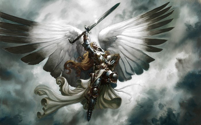 Angel with sword and shield flying in the sky