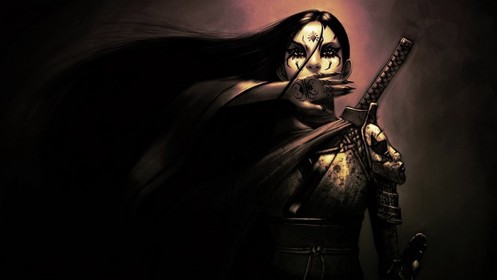 Samurai girl with sword and spider tattoos