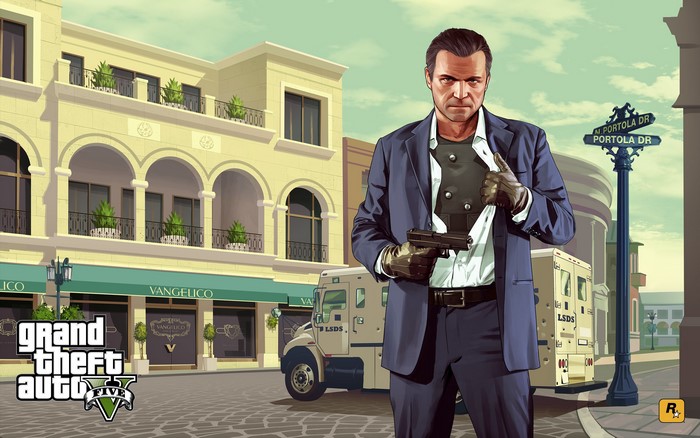 Michael de Santa from Grand Theft Auto V with a gun