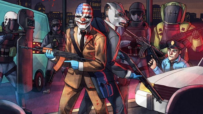 Payday 2 characters and police officers in a standoff