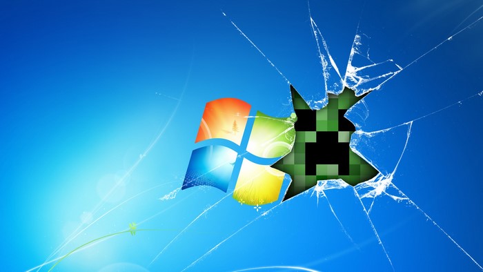 Windows 7 Desktop with Cracked Glass and Minecraft Creeper