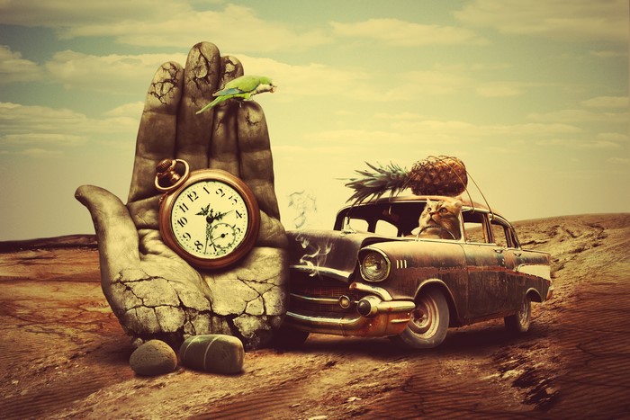 Surreal Hand Holding Clock Beside Vintage Car