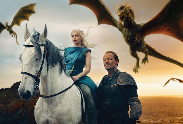 Daenerys Targaryen and Jorah Mormont with Dragons from Game of Thrones