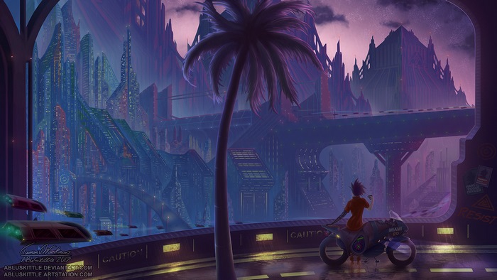 Futuristic Cityscape with a Person on a Motorcycle
