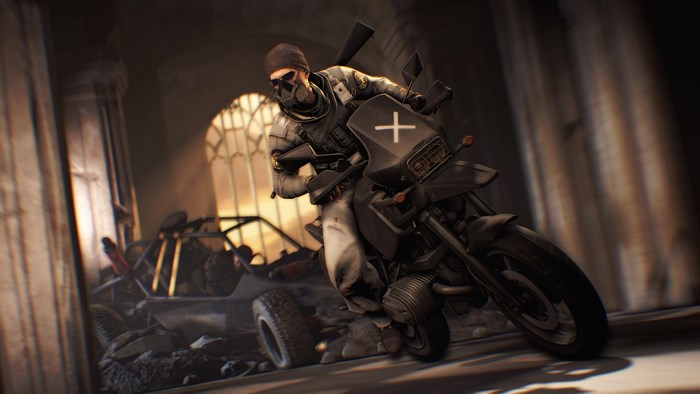 PlayerUnknown's Battlegrounds character on a motorcycle