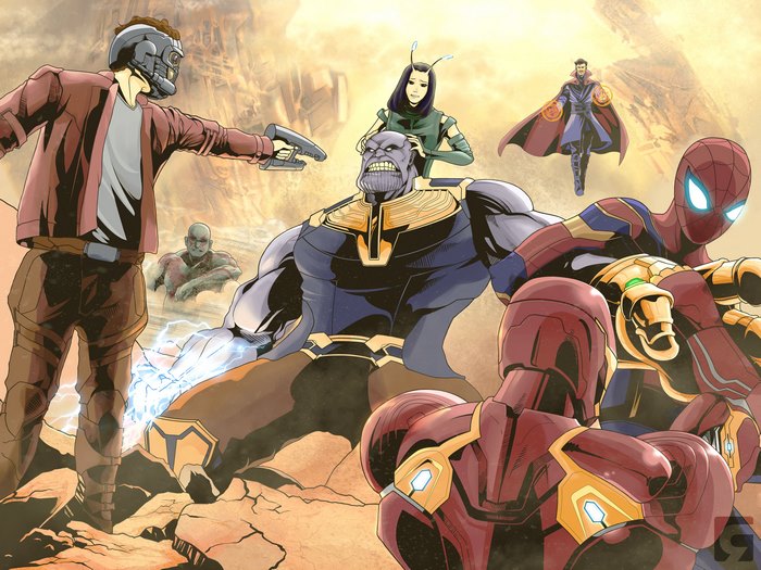 Avengers: Infinity War characters fighting Thanos
