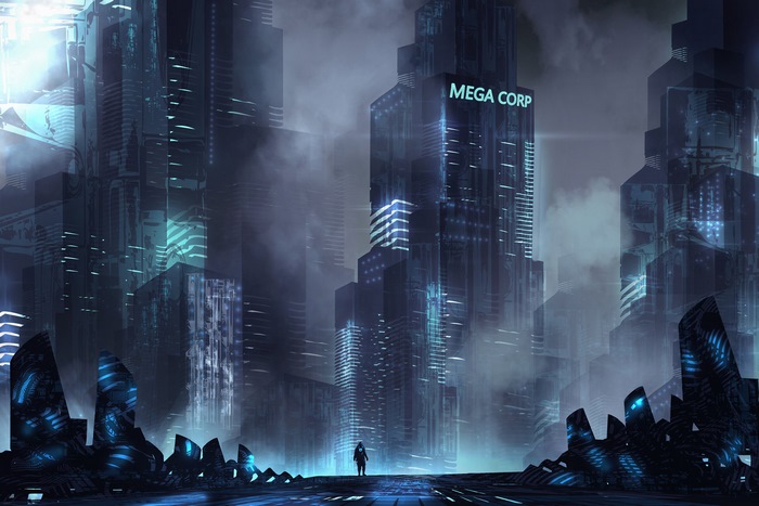 Mega Corp futuristic city with lone figure