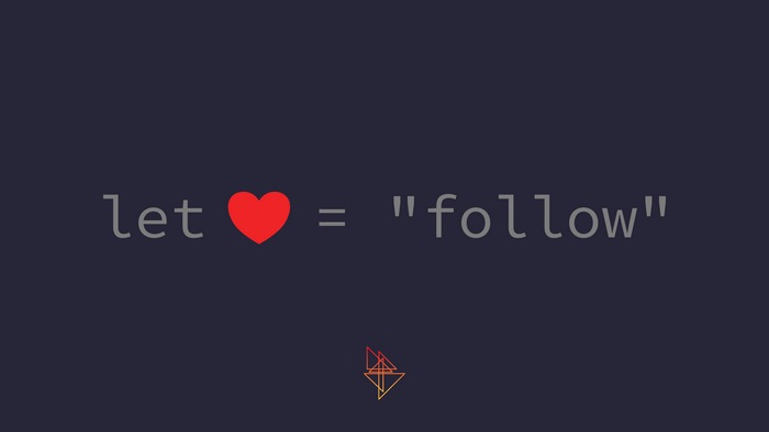 Programming code with heart symbol and follow text