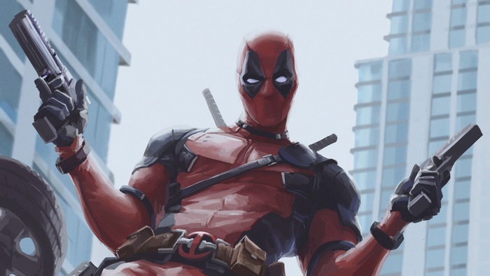 Deadpool from Marvel holding two pistols