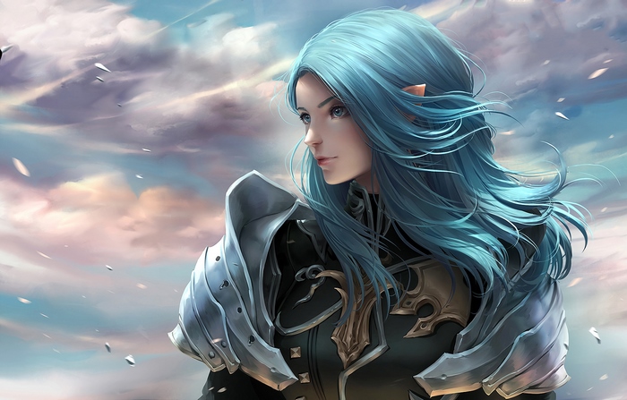 Anime elf warrior with blue hair and armor