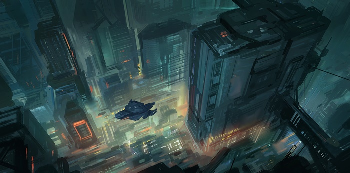 Sci-fi city with a spaceship flying through