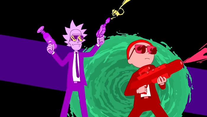 Rick and Morty with guns and portal