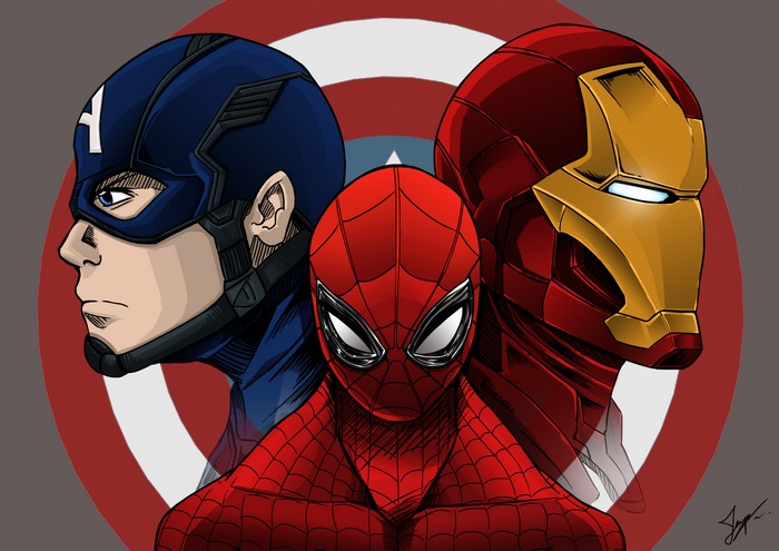 Captain America, Iron Man, and Spider-Man artwork
