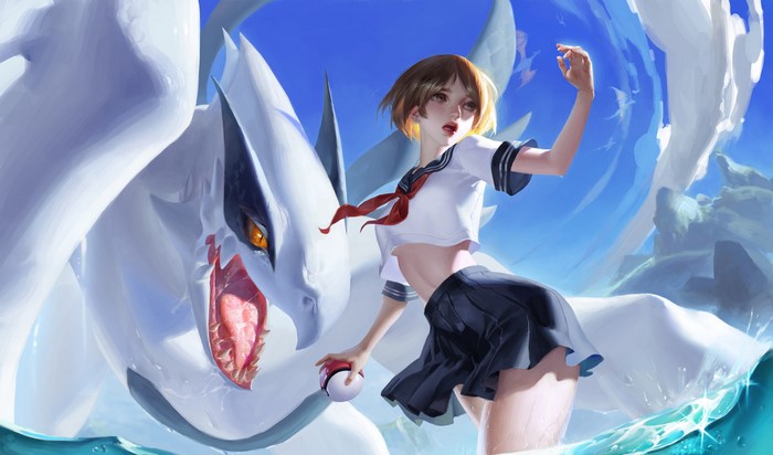 Girl in school uniform with Lugia from Pokemon