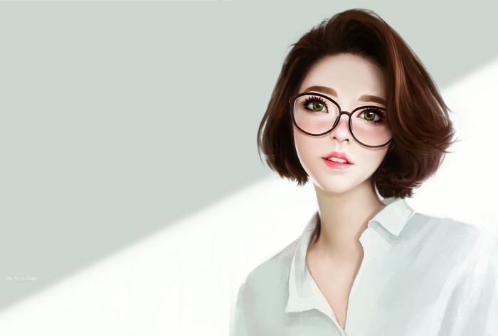 Digital art of a woman with short brown hair and glasses