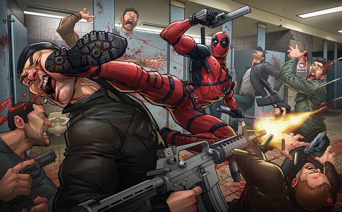 Deadpool fighting in a bathroom